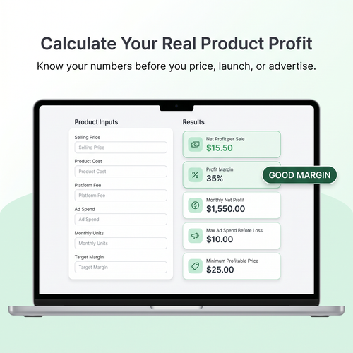 MantraProfit Tool profit dashboard preview showing product inputs, net profit, profit margin, and ad spend results