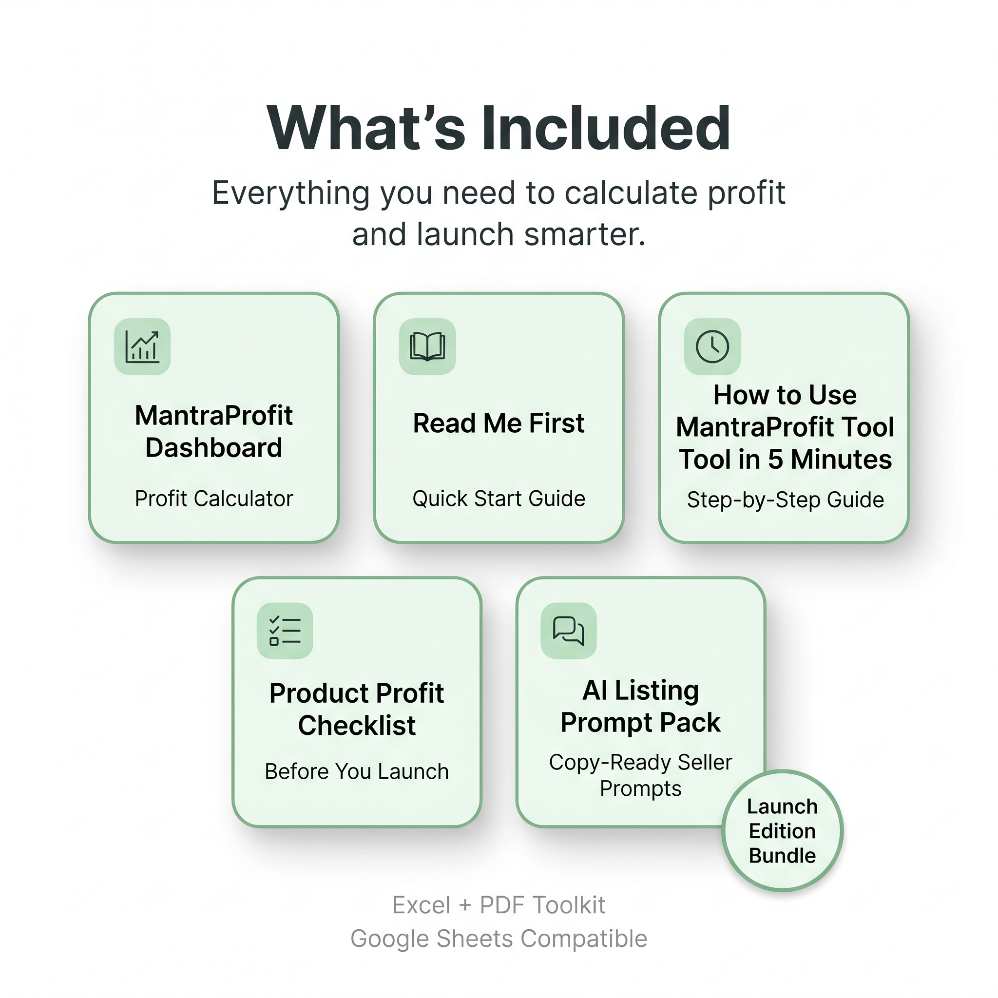 MantraProfit Tool Launch Edition package including profit dashboard, quick start guide, checklist, and AI prompt pack